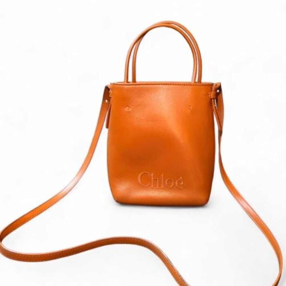 Chloé Sense Micro Tote Bag Caramel Brown Calfskin Leather Crossbody Bucket Purse